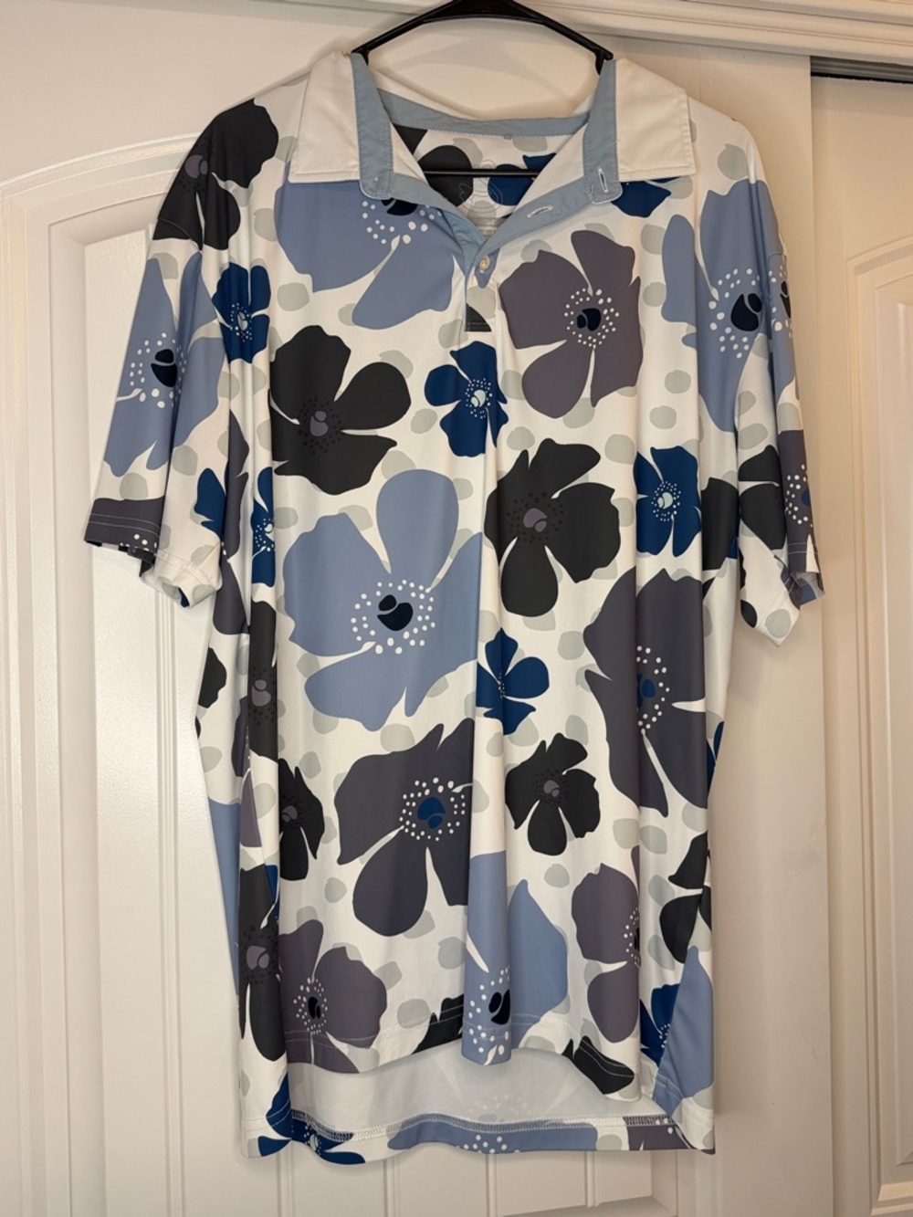 Men's Floral Polo Shirt in White with Blue and Gray Blooms